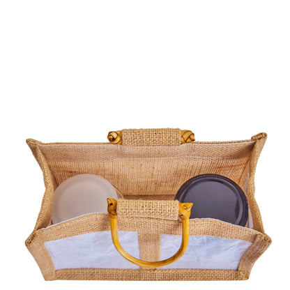 Jute Gift Bags with Cane Handles & Organza Panels – Burlap Pouches for Weddings, Bridesmaid Gifts, Parties (12 Pcs)