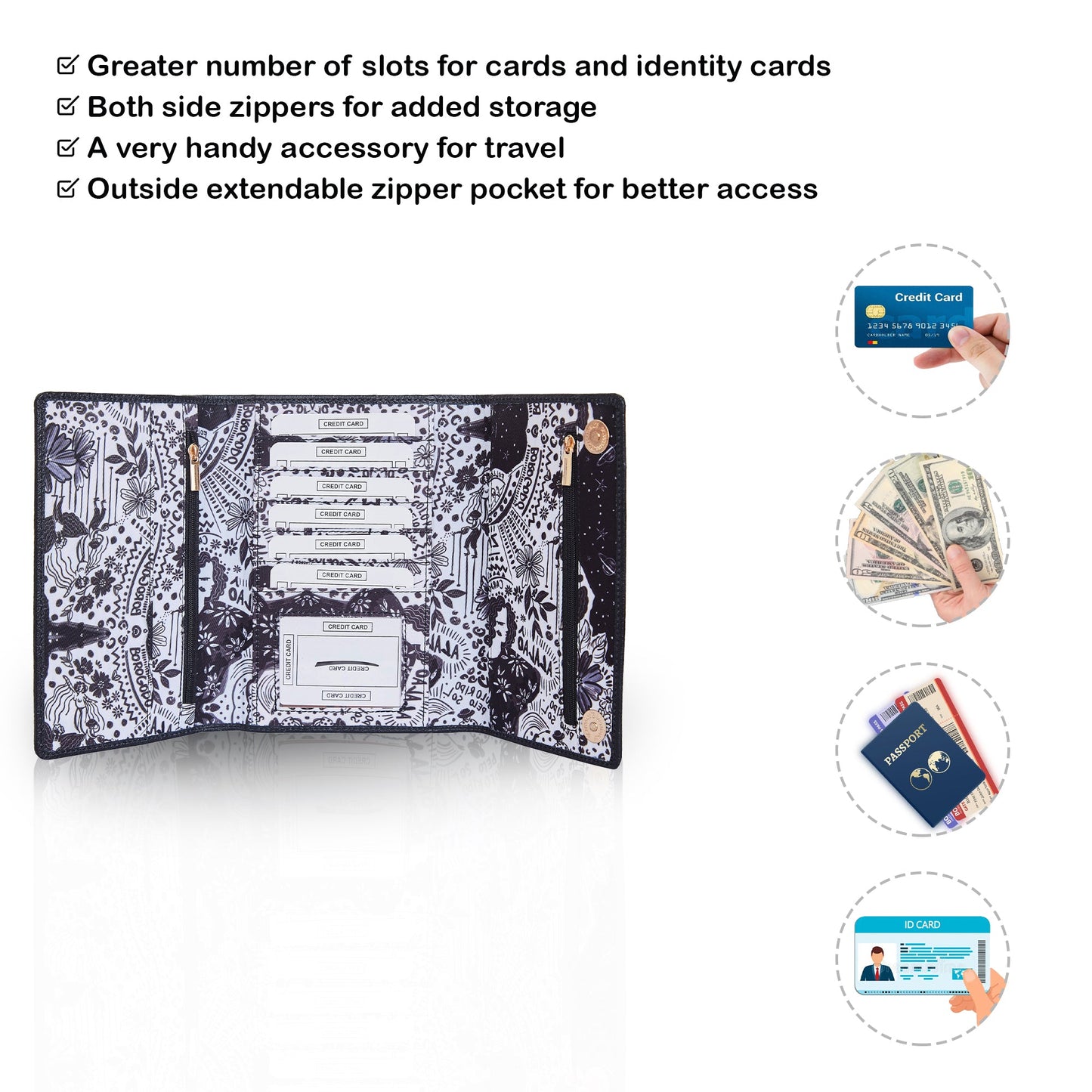 Trifold Wallet –  Monochrome Print with Leather Detailing for women