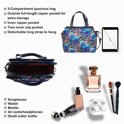 Multi-Compartment Botanical Print Satchel Bag with Leather Trim