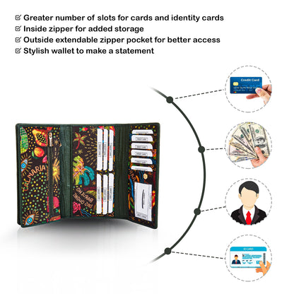 Seaside-Inspired Tri-Fold Wallet with Leather Outer Trim for Women