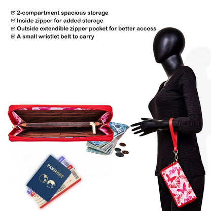 Ladies' Bold Butterfly Print Travel Wristlet with Leather Detailing for a Statement Look