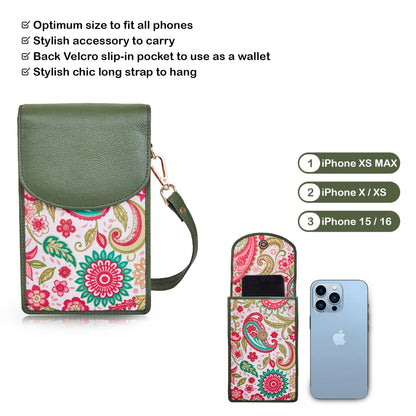 Paisley Elegance Women's Cell Phone Crossbody Wallet with Genuine Leather Details