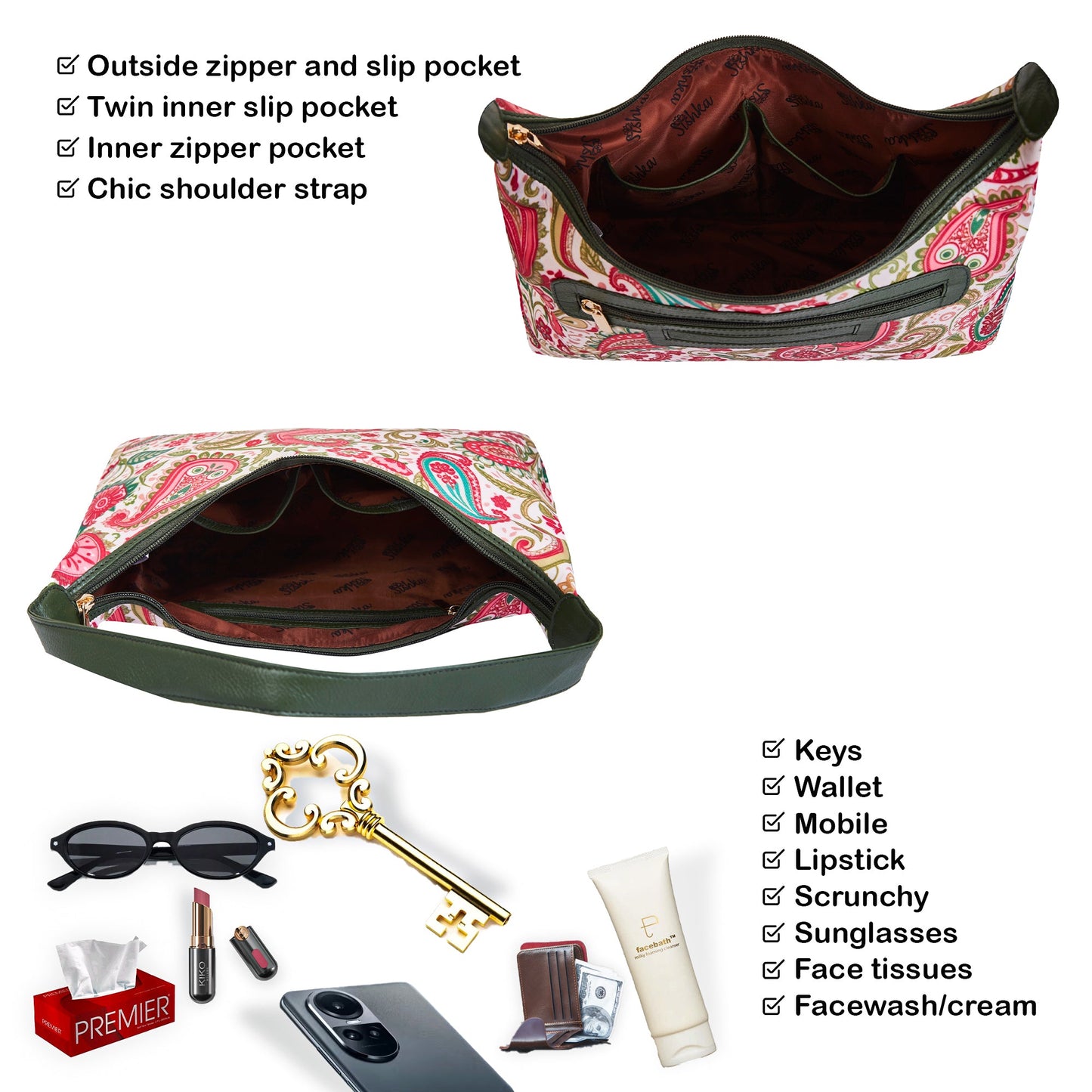 Fabric Sling Hobo Bag for Women with Leather Accents and Paisley Design