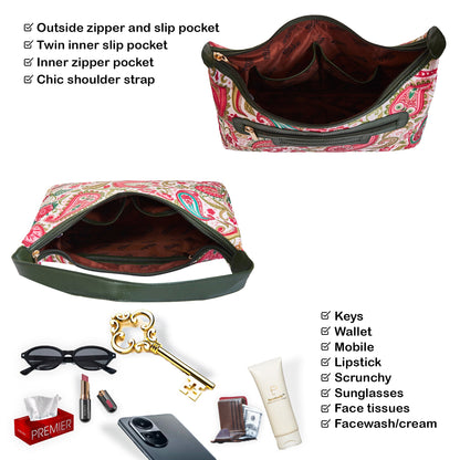 Fabric Sling Hobo Bag for Women with Leather Accents and Paisley Design