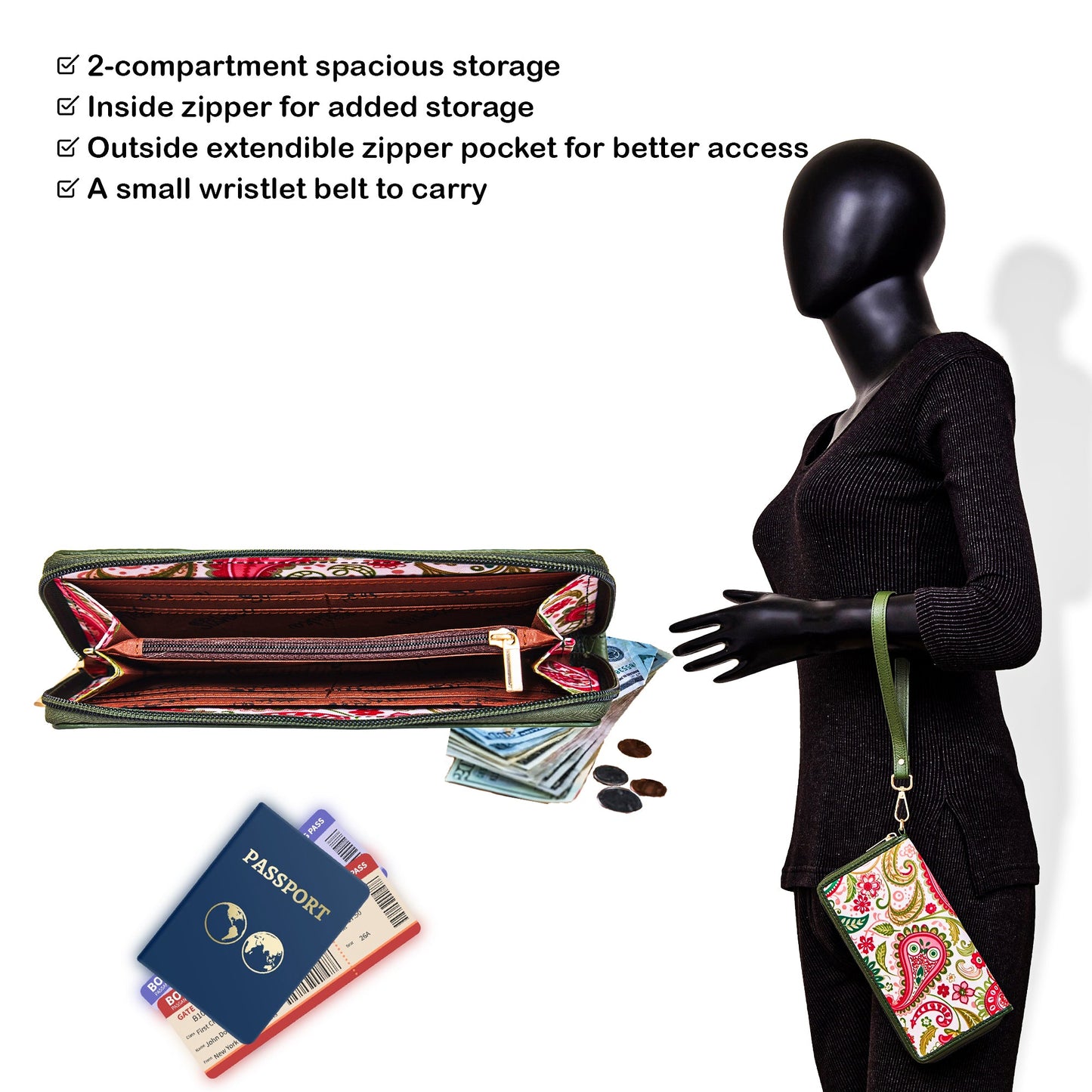 Refined Paisley Print Wristlet Wallet for Women – Leather-Trimmed and Luxurious