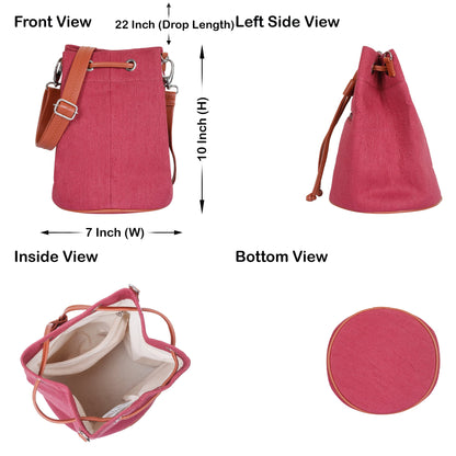 Wholesale  Pink Fabric Bucket Crossbody Sling bag  with Vegan Leather
