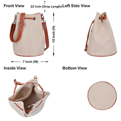 Wholesale  Beige Fabric Bucket Crossbody Sling bag  with Vegan Leather
