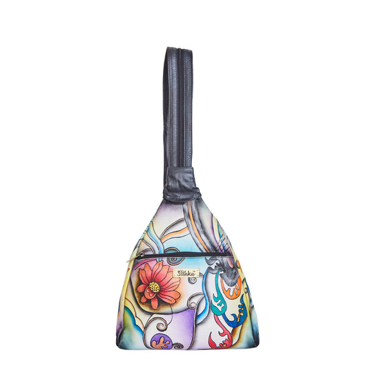 Convertible leather backpack with a hand-painted floral motif