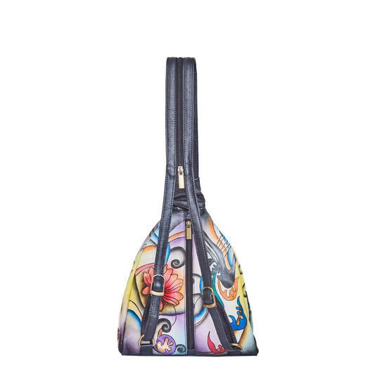 Convertible leather backpack with a hand-painted floral motif