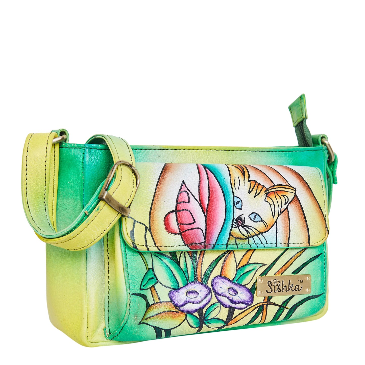 Hand-Painted Cat Art Crossbody Bag