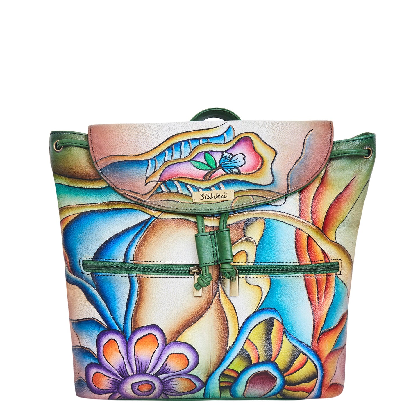 Colorful Floral Hand-Painted Backpack with Drawstring and Flap Closing