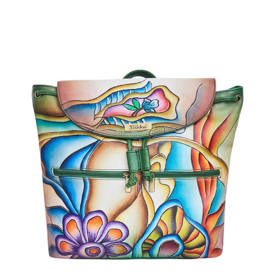 Colorful Floral Hand-Painted Backpack with Drawstring and Flap Closing
