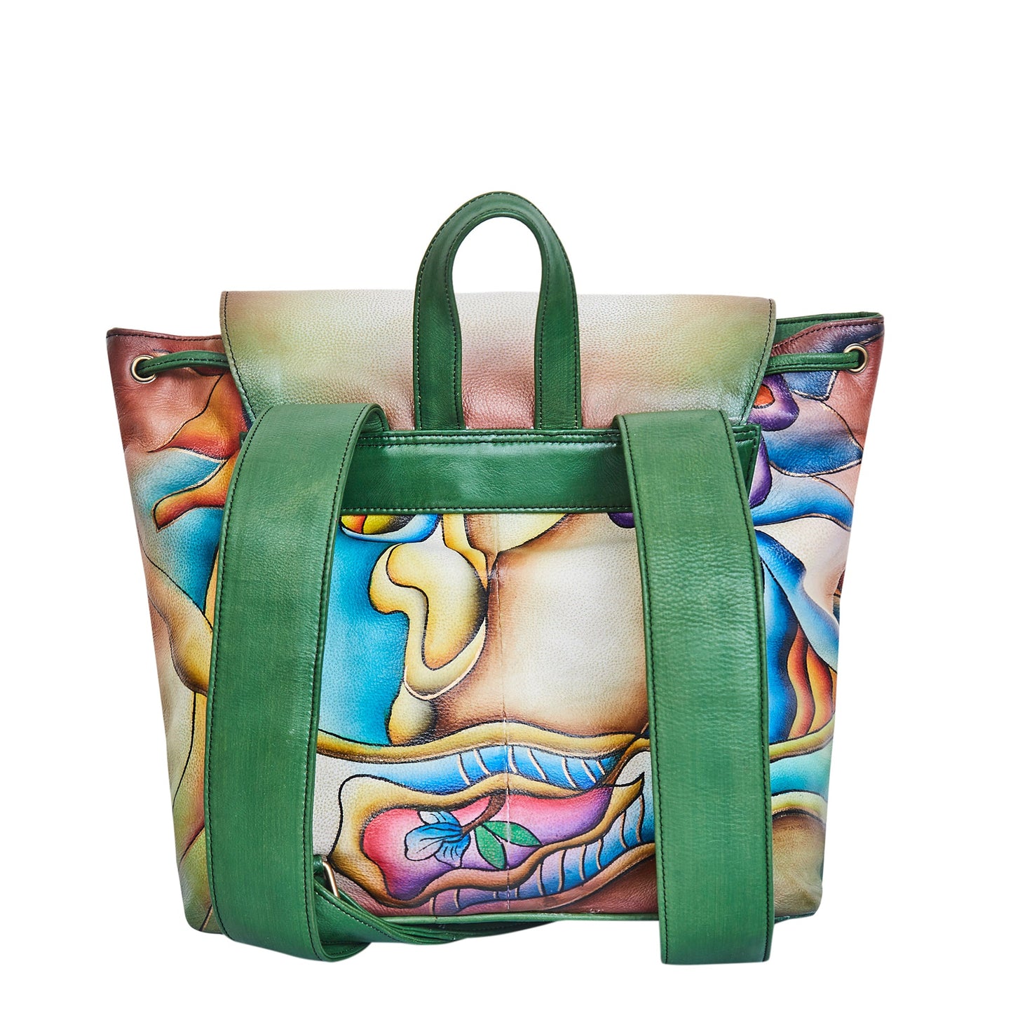 Colorful Floral Hand-Painted Backpack with Drawstring and Flap Closing