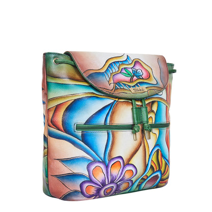 Colorful Floral Hand-Painted Backpack with Drawstring and Flap Closing