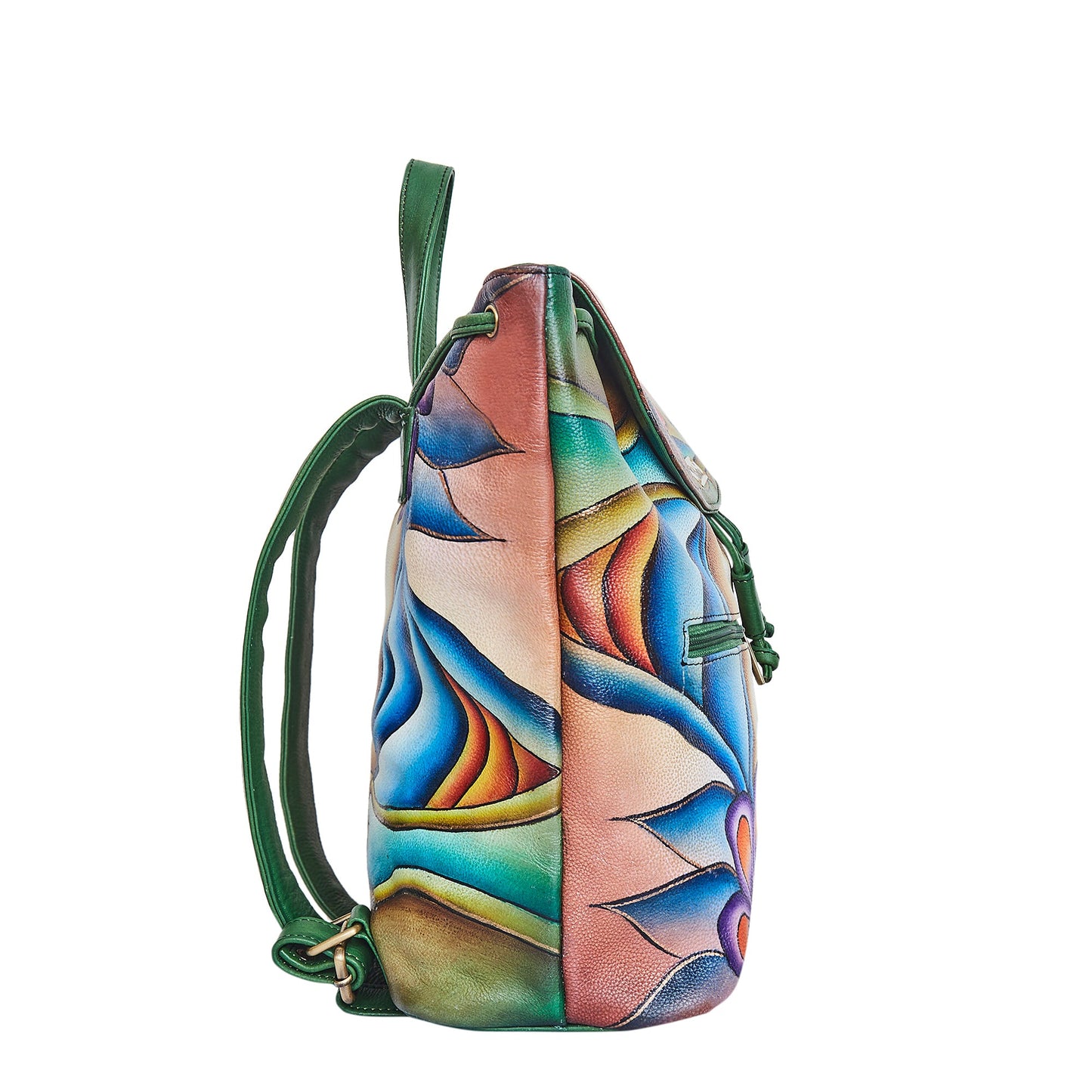 Colorful Floral Hand-Painted Backpack with Drawstring and Flap Closing