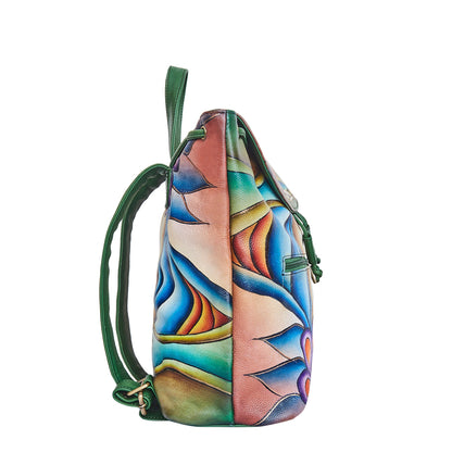 Colorful Floral Hand-Painted Backpack with Drawstring and Flap Closing