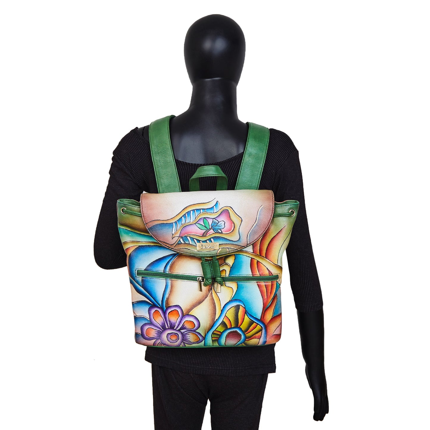 Colorful Floral Hand-Painted Backpack with Drawstring and Flap Closing