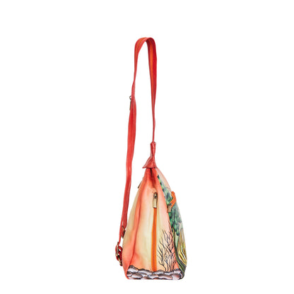 Convertible Leather Backpack with Hand-Painted Forest Artwork
