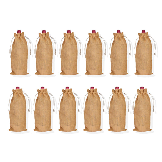 Reusable Jute Wine Bottle Bags – Burlap Drawstring Pouches for Wine & Bottles – Ideal for Weddings, Parties & Bulk Gift Packaging (Packs of 12)