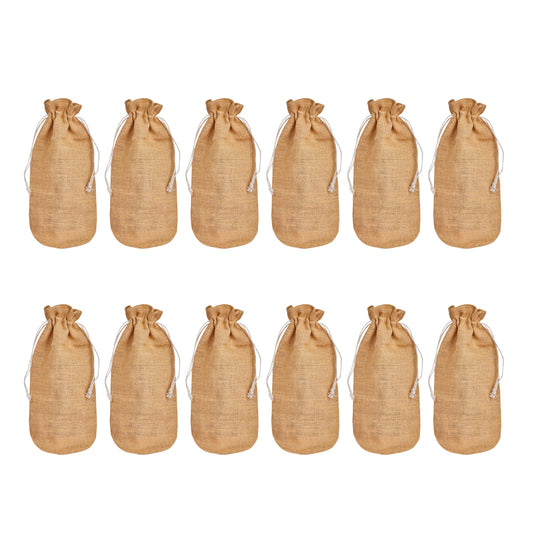Beige Jute Wine Bottle Bags – Burlap Gift Covers with Drawstrings, New Year, Weddings, Birthdays, and Special Occasions (Packs of 12)