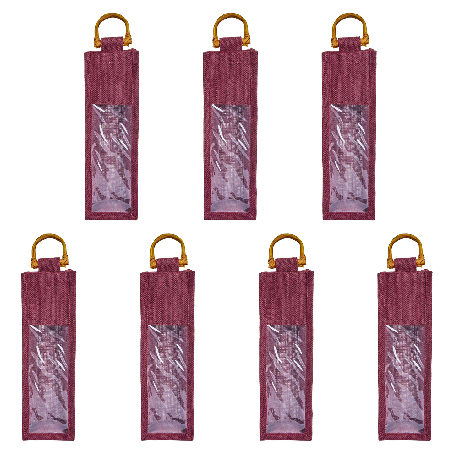 Wholesale Coloured Jute Wine Gift Bags with PVC Window – Reusable Single Bottle Carriers for Parties & Celebrations (Pack of 7)