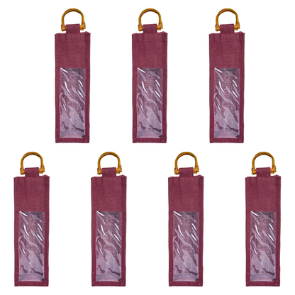 Wholesale Coloured Jute Wine Gift Bags with PVC Window – Reusable Single Bottle Carriers for Parties & Celebrations (Pack of 7)