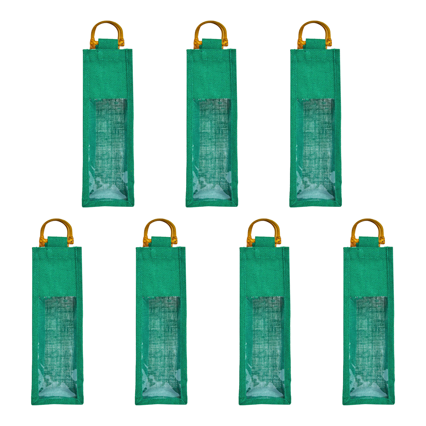 Wholesale Coloured Jute Wine Gift Bags with PVC Window – Reusable Single Bottle Carriers for Parties & Celebrations (Pack of 7)