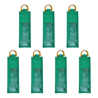 Wholesale Coloured Jute Wine Gift Bags with PVC Window – Reusable Single Bottle Carriers for Parties & Celebrations (Pack of 7)
