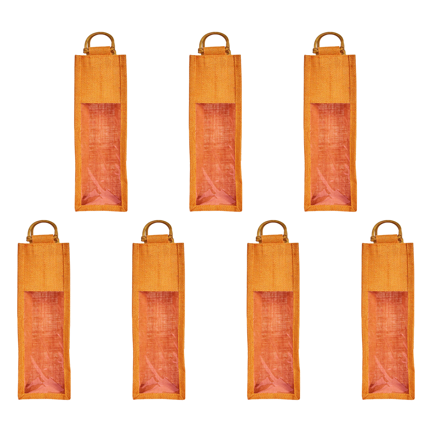 Wholesale Coloured Jute Wine Gift Bags with PVC Window – Reusable Single Bottle Carriers for Parties & Celebrations (Pack of 7)