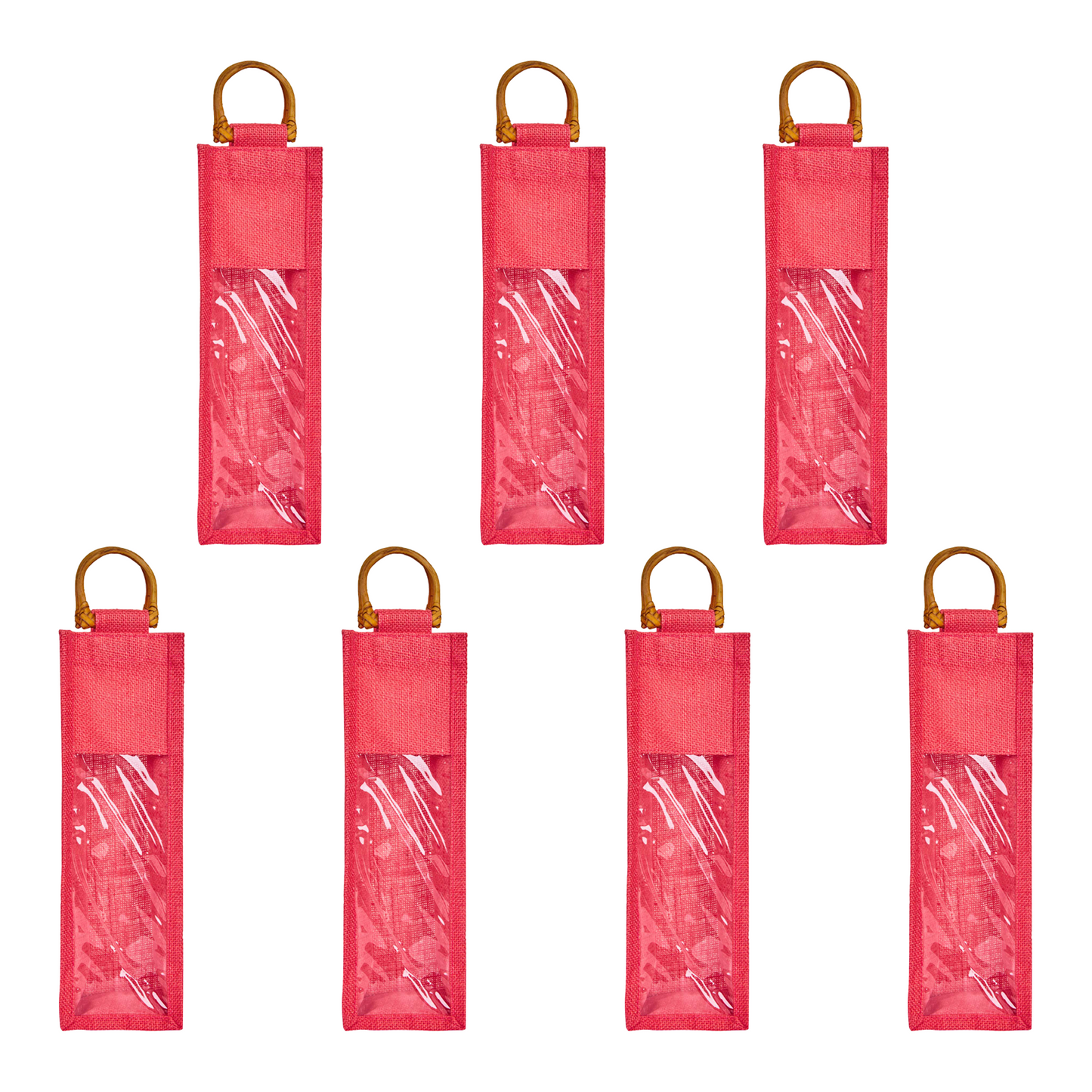 Wholesale Coloured Jute Wine Gift Bags with PVC Window – Reusable Single Bottle Carriers for Parties & Celebrations (Pack of 7)