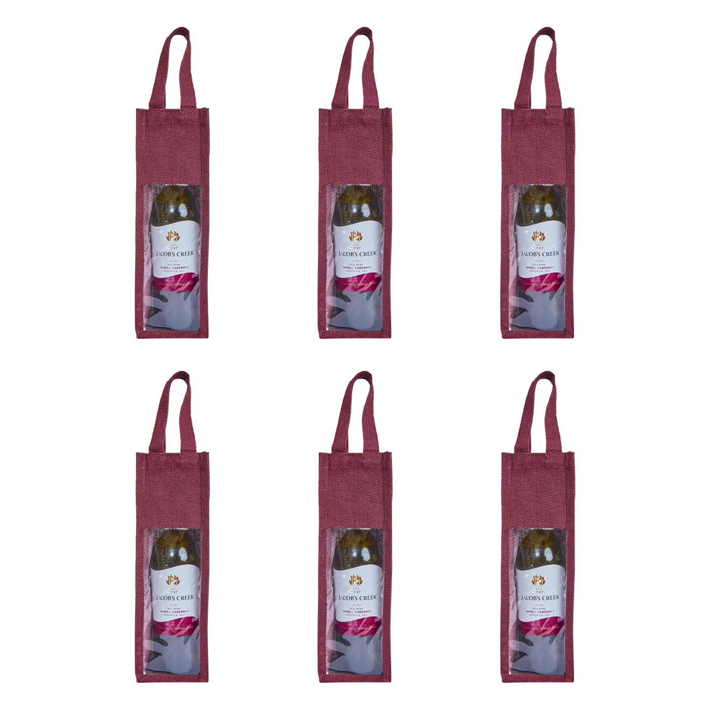 Reusable Jute Wine Gift Bags for Weddings, Parties, and Celebrations - Deep Red, Pink, Green & Orange Shades (Packs  of 6)