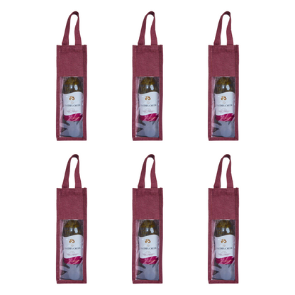 Reusable Jute Wine Gift Bags for Weddings, Parties, and Celebrations - Deep Red, Pink, Green & Orange Shades (Packs  of 6)
