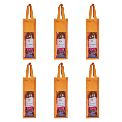 Reusable Jute Wine Gift Bags for Weddings, Parties, and Celebrations - Deep Red, Pink, Green & Orange Shades (Packs  of 6)