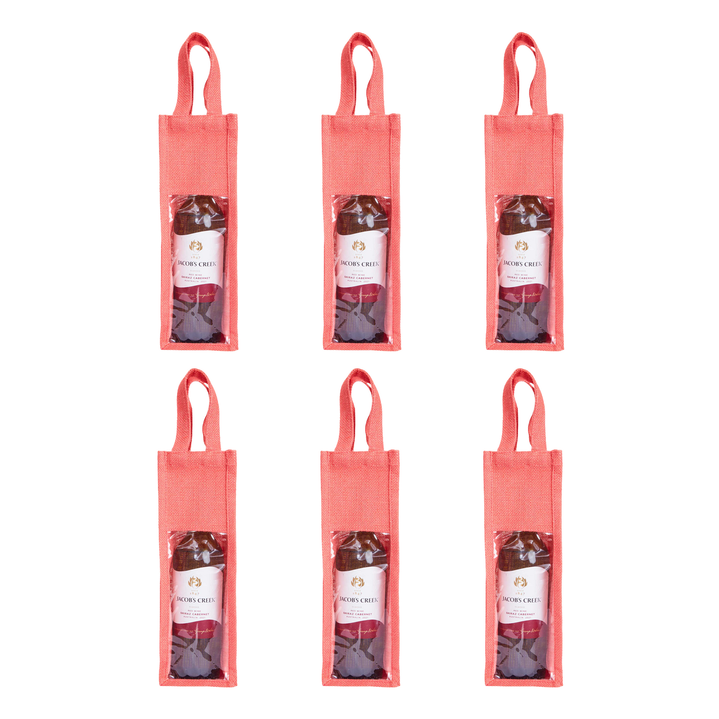 Reusable Jute Wine Gift Bags for Weddings, Parties, and Celebrations - Deep Red, Pink, Green & Orange Shades (Packs  of 6)