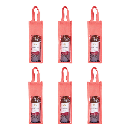 Reusable Jute Wine Gift Bags for Weddings, Parties, and Celebrations - Deep Red, Pink, Green & Orange Shades (Packs  of 6)