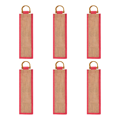 Jute Wine Gift Bags with Cane Handles –Coloured Single-Bottle Bag–  New Year, Weddings, Birthdays, Parties, Christmas & Special Occasion (Packs of 6)