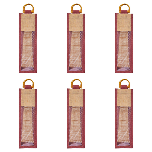 Jute Wine Gift Bags with PVC Window – Reusable Single-Bottle Carriers,  Ideal for Gifting, Weddings & Parties (Packs of 6)