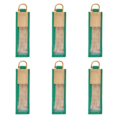 Jute Wine Gift Bags with PVC Window – Reusable Single-Bottle Carriers,  Ideal for Gifting, Weddings & Parties (Packs of 6)