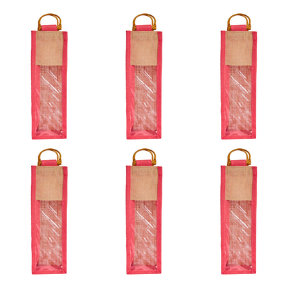 Jute Wine Gift Bags with PVC Window – Reusable Single-Bottle Carriers,  Ideal for Gifting, Weddings & Parties (Packs of 6)