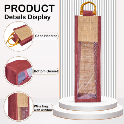 Jute Wine Gift Bags with PVC Window – Reusable Single-Bottle Carriers,  Ideal for Gifting, Weddings & Parties (Packs of 6)